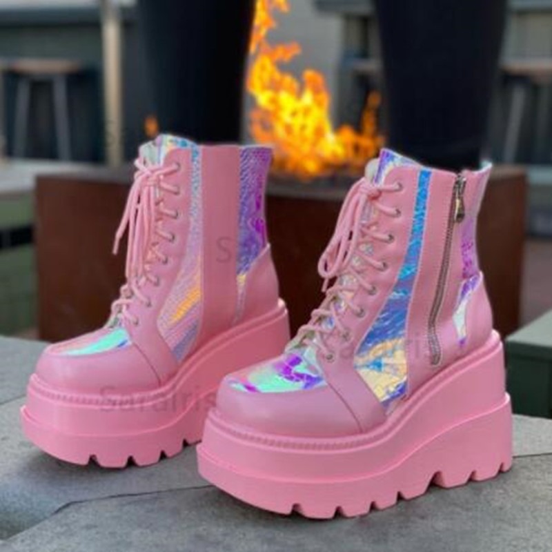 Women's Pink Holographic Platf – Street Fashion Punk Bewertung und Preis