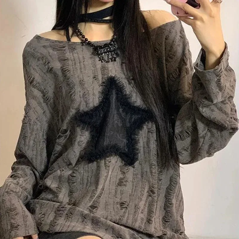 Y2K Hole Star Print T-Shirt Wo – Street Fashion Kpop Bewertung und Preis