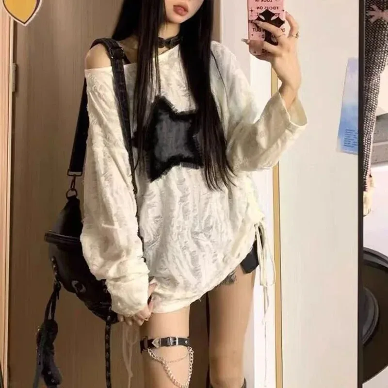 Y2K Hole Star Print T-Shirt Wo – Street Fashion Kpop Bewertung und Preis